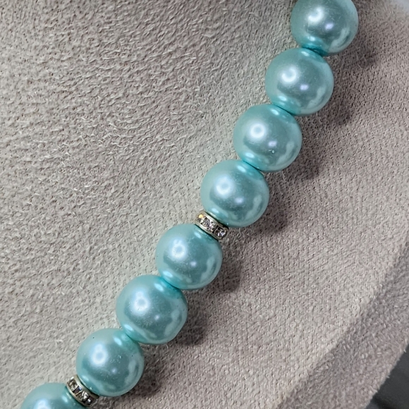 Aqua Blue Glass Pearl and Rhinestone Necklace Earrings and Bracelet Set - Picture 5 of 15